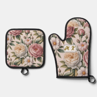 Custom initials chic vintage roses cottagecore oven mitt & pot holder set