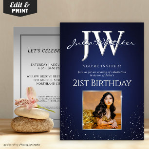 Custom Initials Elegant 21st Birthday Blue Silver Invitation