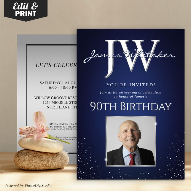Custom Initials Elegant 90th Birthday Blue Silver Invitation (Custom Initials Elegant 90th Birthday Blue Silver Invitation)