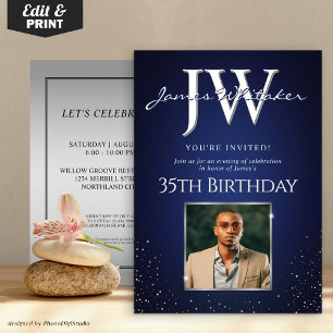 Custom Initials Elegant Birthday Blue Silver Invitation