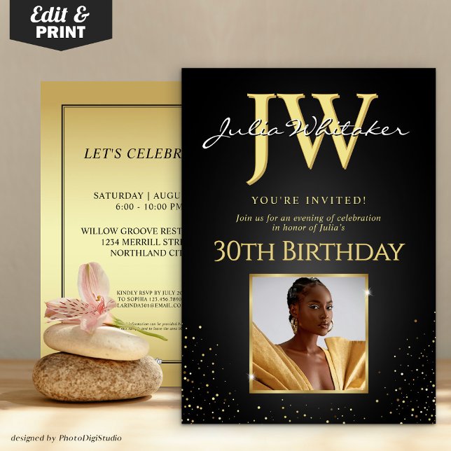 Custom Initials Elegant Black Gold 30th Birthday Invitation (Custom Initials Elegant Black Gold 30th Birthday Invitation)
