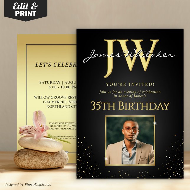 Custom Initials Elegant Black Gold 35th Birthday Invitation (Custom Initials Elegant Black Gold 35th Birthday Invitation)