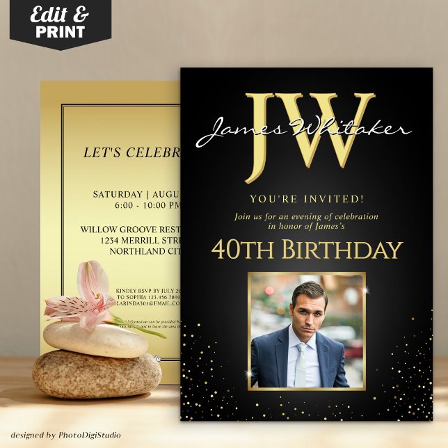 Custom Initials Elegant Black Gold 40th Birthday Invitation (Custom Initials Elegant Black Gold 40th Birthday Invitation)