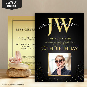 Custom Initials Elegant Black Gold 50th Birthday Invitation