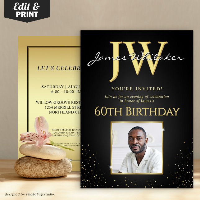 Custom Initials Elegant Black Gold 60th Birthday Invitation (Custom Initials Elegant Black Gold 60th Birthday Invitation)