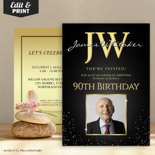 Custom Initials Elegant Black Gold 90th Birthday Invitation