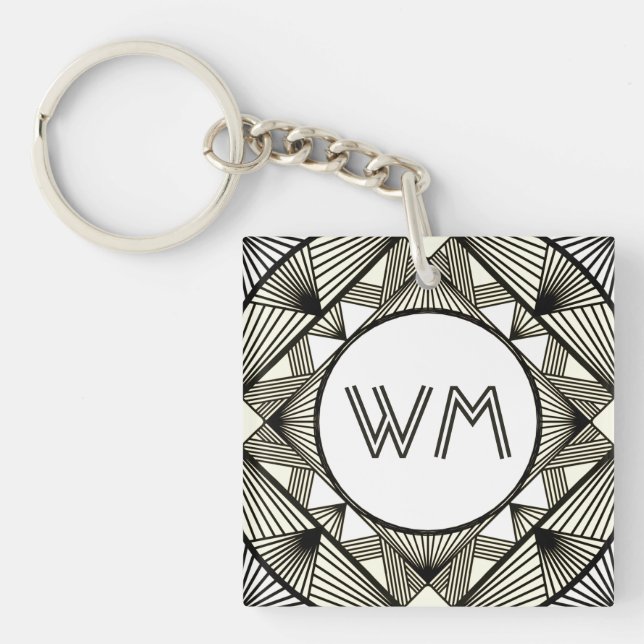 Custom Initials Elegant Manly Black Chic Art Deco Keychain (Front)