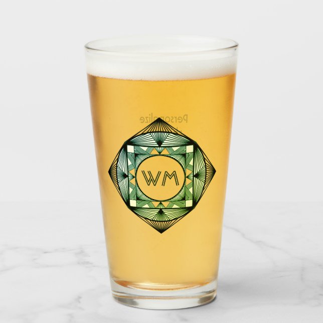 Custom Initials Elegant Manly Green Chic Art Deco Glass (Front Filled)