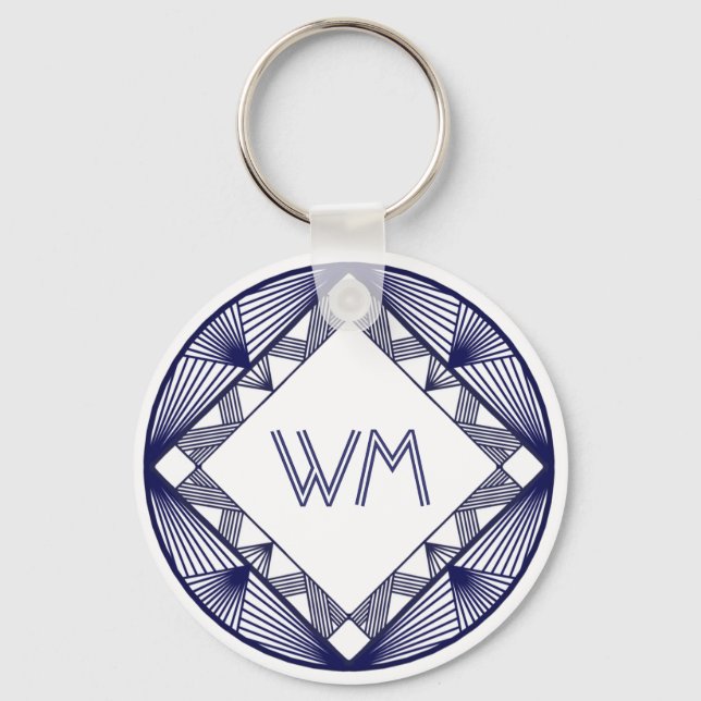 Custom Initials Elegant Manly Navy Blue Deco Frame Keychain (Front)