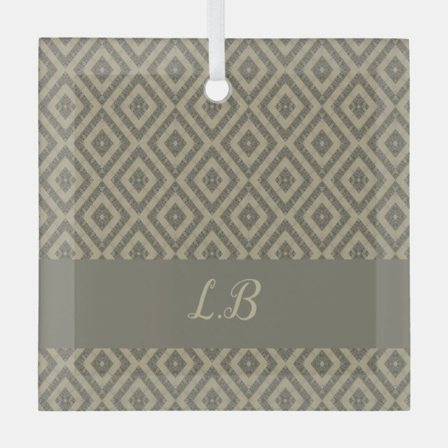 Custom initials grey brown pave bricks pattern glass ornament (Front)