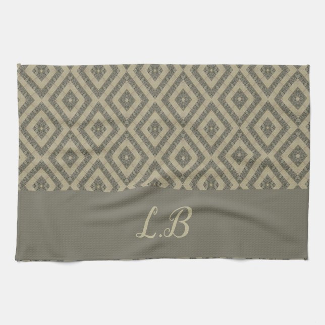 Custom initials grey brown pave bricks pattern kitchen towel (Horizontal)