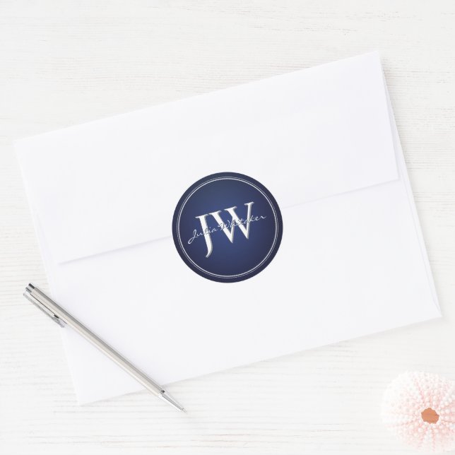 Custom Initials Navy Blue and Silver Classic Round Sticker (Envelope)