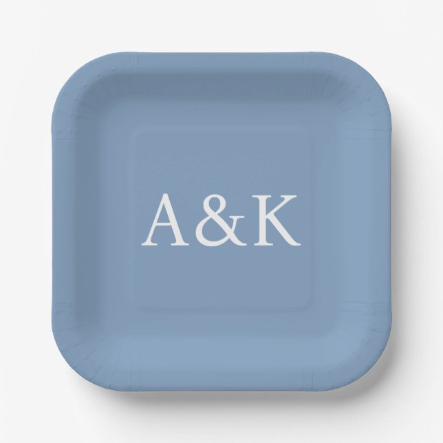 Custom Initials on Dusty Slate Blue Wedding Paper Plate (Front)