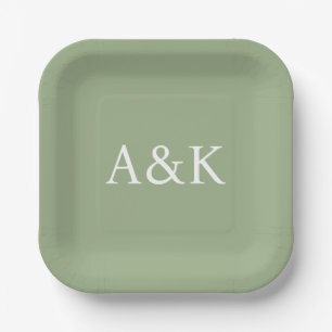 Custom Initials on Sage Green Wedding Paper Plate