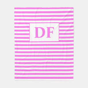 Custom Initials Pink/White Stripes Fleece Blanket
