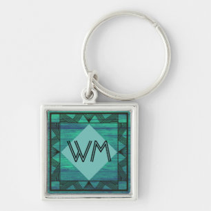 Custom Initials Teal Green Wood Modern Rustic Deco Keychain