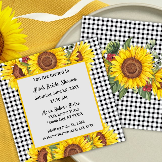 Custom Invitation Gingham & Sunflowers Design (Bridal Shower invitation - Sunflowers and Gingham Rustic Country Style)