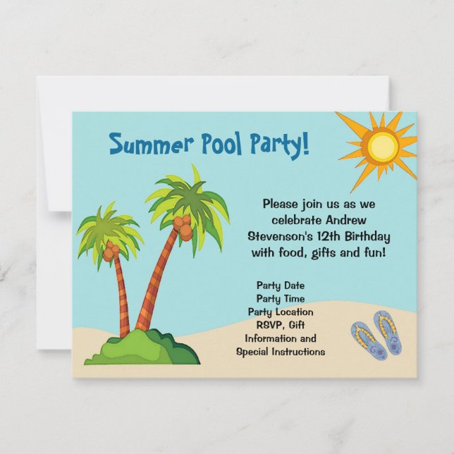 Custom Invitation, Summer Pool Party Theme Or Invitation (Front)