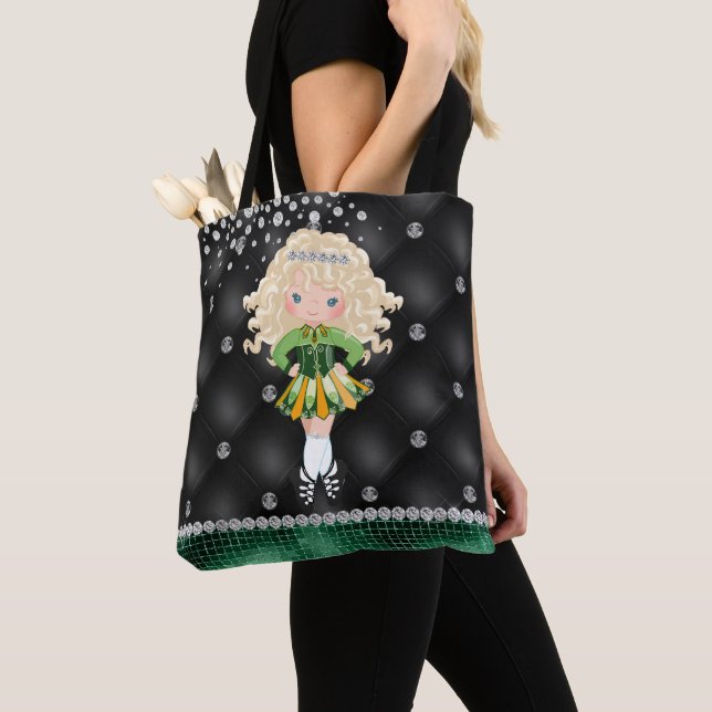 Custom Irish Dance Blonde Girl Green, Black Tote Bag (Close Up)