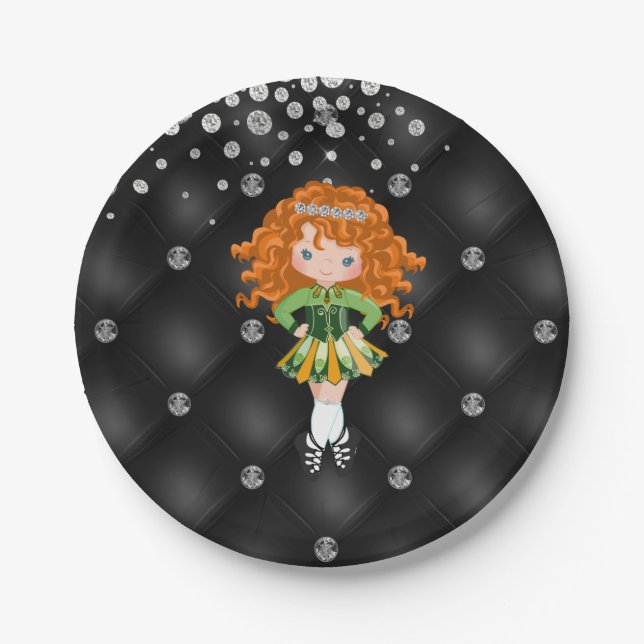 Custom Irish Dance Redhead Girl Green, Black Paper Plate (Front)