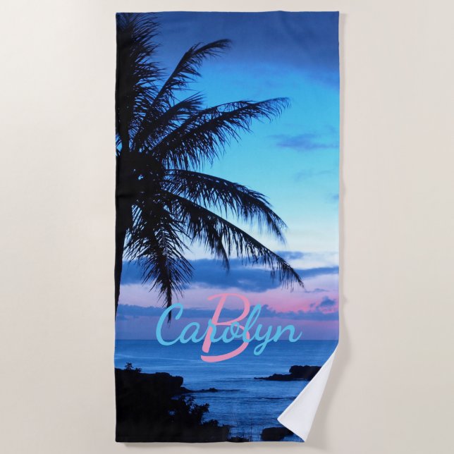 Custom Island Beach Pink Turquoise Blue Sunset Beach Towel (Front)