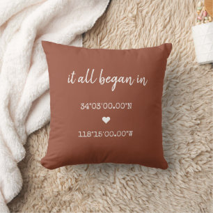 Custom It All Began Coordinates Brick Valentines Throw Pillow