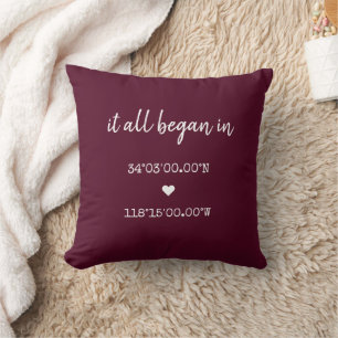 Custom It All Began Coordinates Burgundy Valentine Throw Pillow