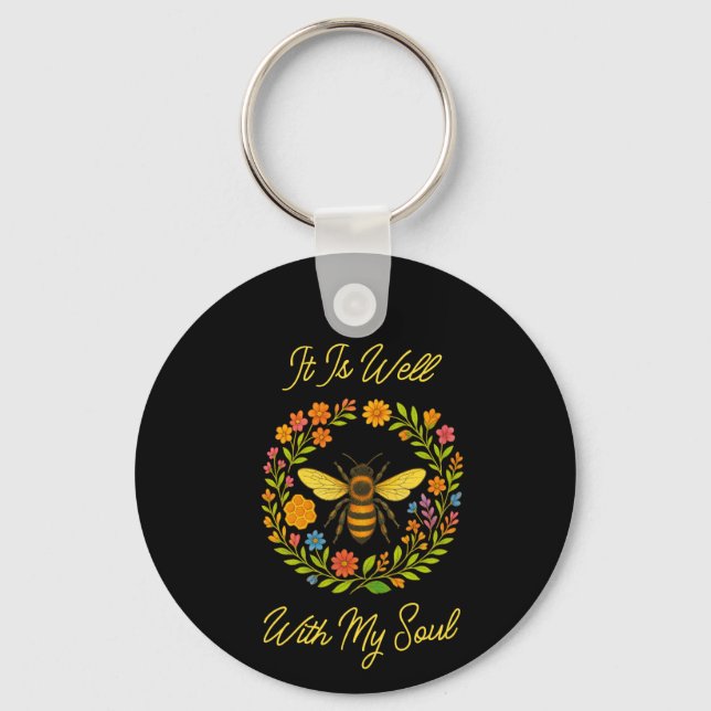 Custom "It Is Well With My Soul" Boho Honeybee Keychain (Front)