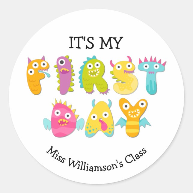Custom IT'S MY FIRST DAY Kindergarten Animal Classic Round Sticker (Front)