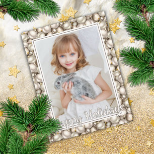 Custom Ivory Silver Gold Baubles Pattern Holiday Card