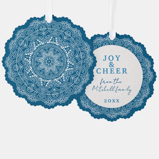Custom Ivory White Mandala Wreath On Blue Ornament Card (Front/Back)