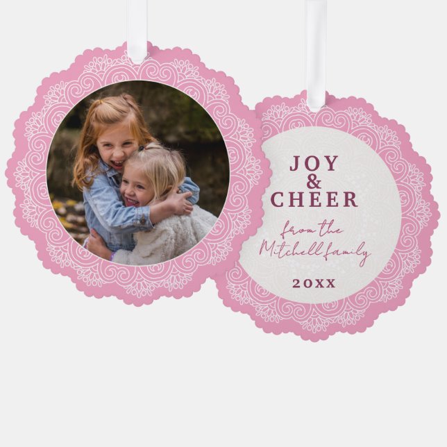 Custom Ivory White Mandala Wreath On Pink Ornament Card (Front/Back)