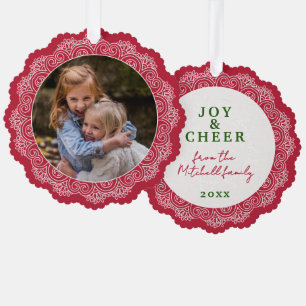 Custom Ivory White Mandala Wreath On Red Ornament Card