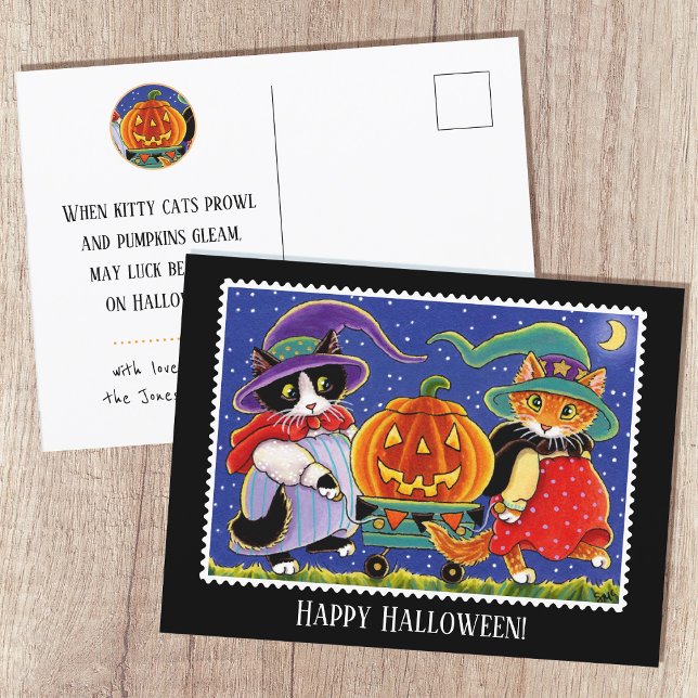 Custom Jack O'Lantern Halloween Witch Cat Postcard (Creator Uploaded)