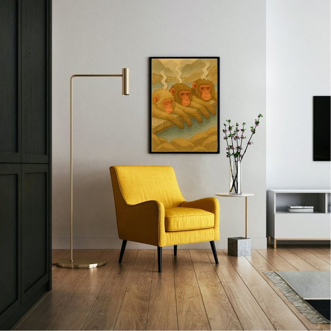 Custom Japan Travel Landscape Whimsical Monkey Photo Print ( Soaking monkeys in Nagano, Japan.  Paper cutting style art.)