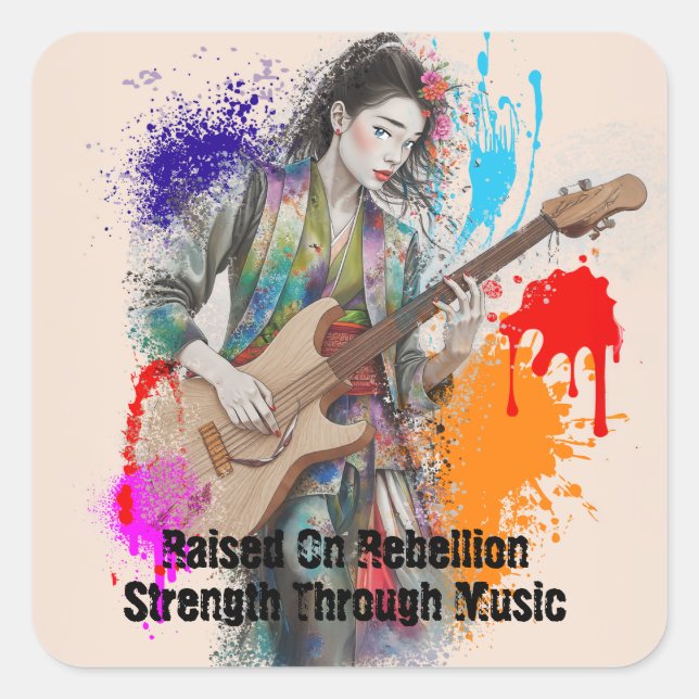 Custom Japanese Woman Guitarist Art Inspirational Square Sticker (Front)