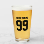 Custom jersey number and name sports beer glass<br><div class="desc">Custom jersey number and name sports beer Glass gift. Cool drink ware gift idea for Birthday, Christmas, wedding party, engagement, bridal shower, bachelor party etc. Fun party favor for friends, family, husband, groom, brother, co worker, colleague, boss, dad, father, grandpa, uncle, sports coach, boyfriend, wife, mom etc. Personalized presents for...</div>