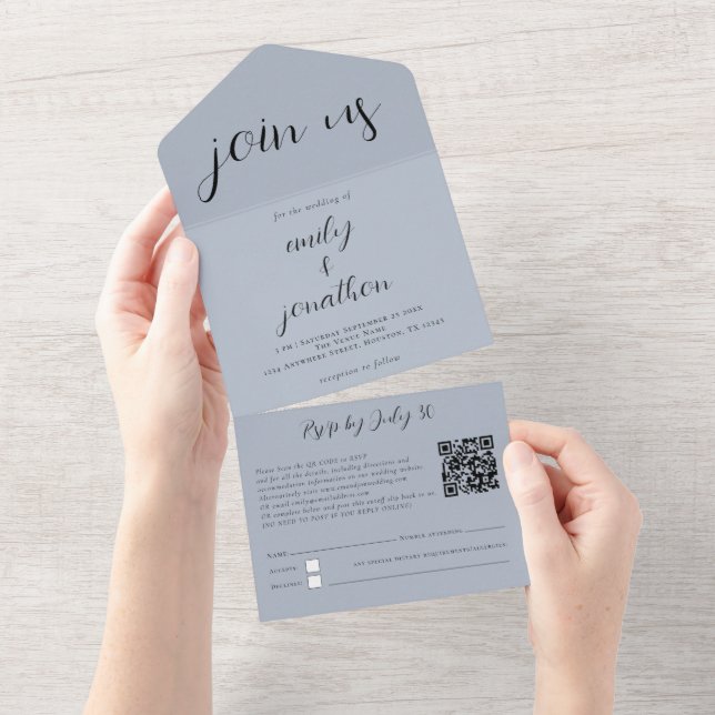 Custom Join Us QR Code Modern Script Dusty Blue Al All In One Invitation (Tearaway)