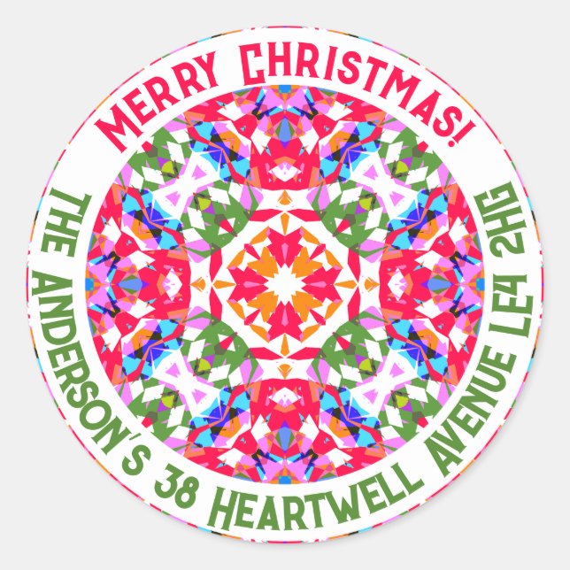 Custom Jolly Colorful Modern Christmas Address Classic Round Sticker (Front)