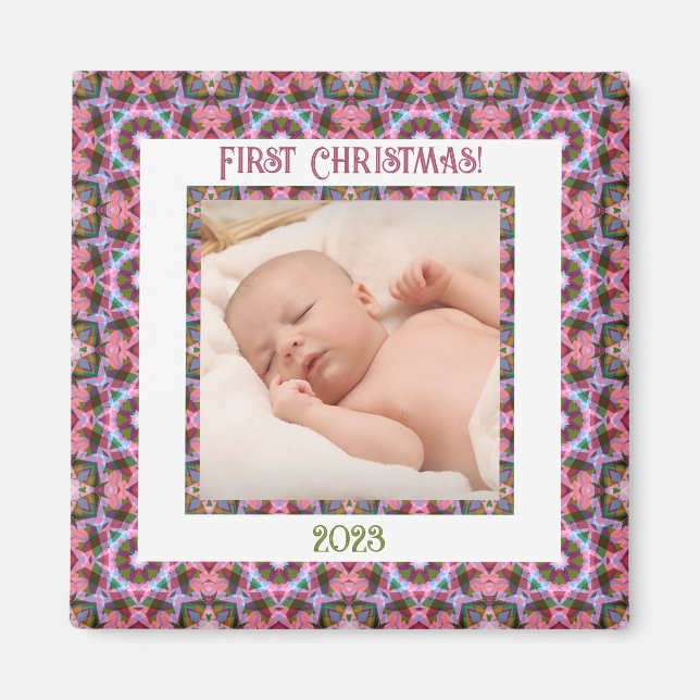 Custom Jolly Festive Christmas Pink Photo Picture Magnet (Front)