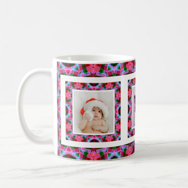 Custom Jolly Pink Green Christmas Pattern Photo Coffee Mug (Left)