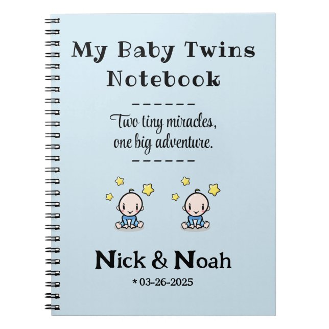 Custom Journal, Personalized Baby Boy Twins,  Notebook (Front)