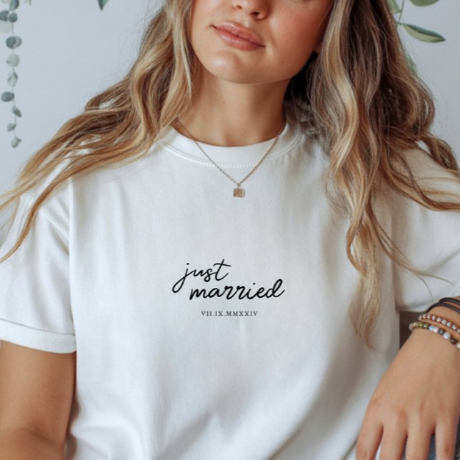 Custom 'Just Married' Wedding Roman Numeral Date T-Shirt (Creator Uploaded)