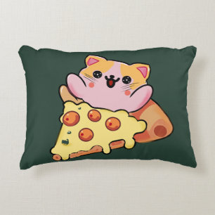 Custom Kawaii Cat Hugging Pepperoni Pizza Cartoon Accent Pillow