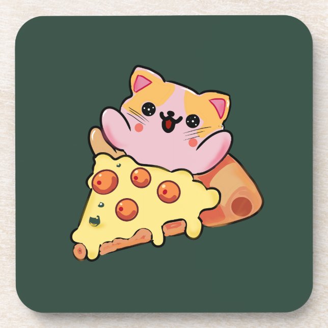 Custom Kawaii Cat Hugging Pepperoni Pizza Cartoon Coaster (Front)