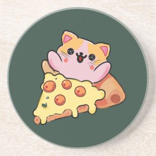 Custom Kawaii Cat Hugging Pepperoni Pizza Cartoon Coaster