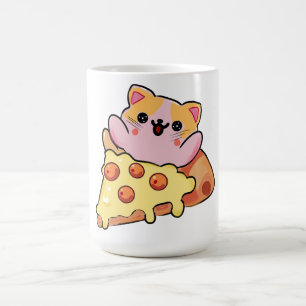 Custom Kawaii Cat Hugging Pepperoni Pizza Cartoon Coffee Mug