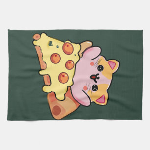 Custom Kawaii Cat Hugging Pepperoni Pizza Cartoon Kitchen Towel