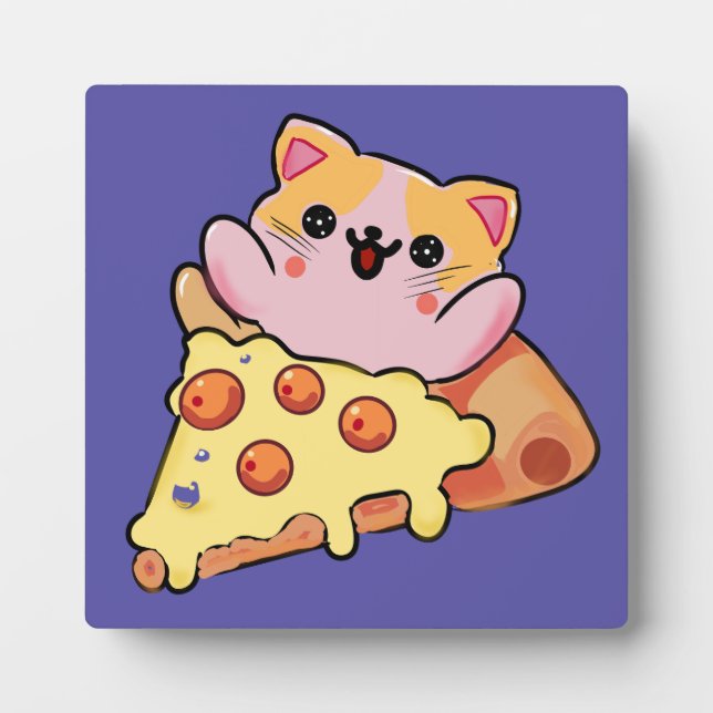 Custom Kawaii Cat Hugging Pepperoni Pizza Cartoon Plaque (Front)