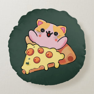 Custom Kawaii Cat Hugging Pepperoni Pizza Cartoon Round Pillow